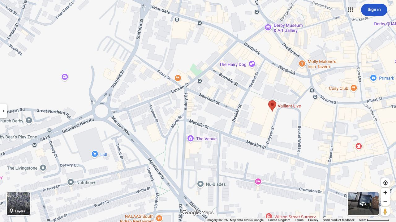 Google map showing Vaillant Live in Derby