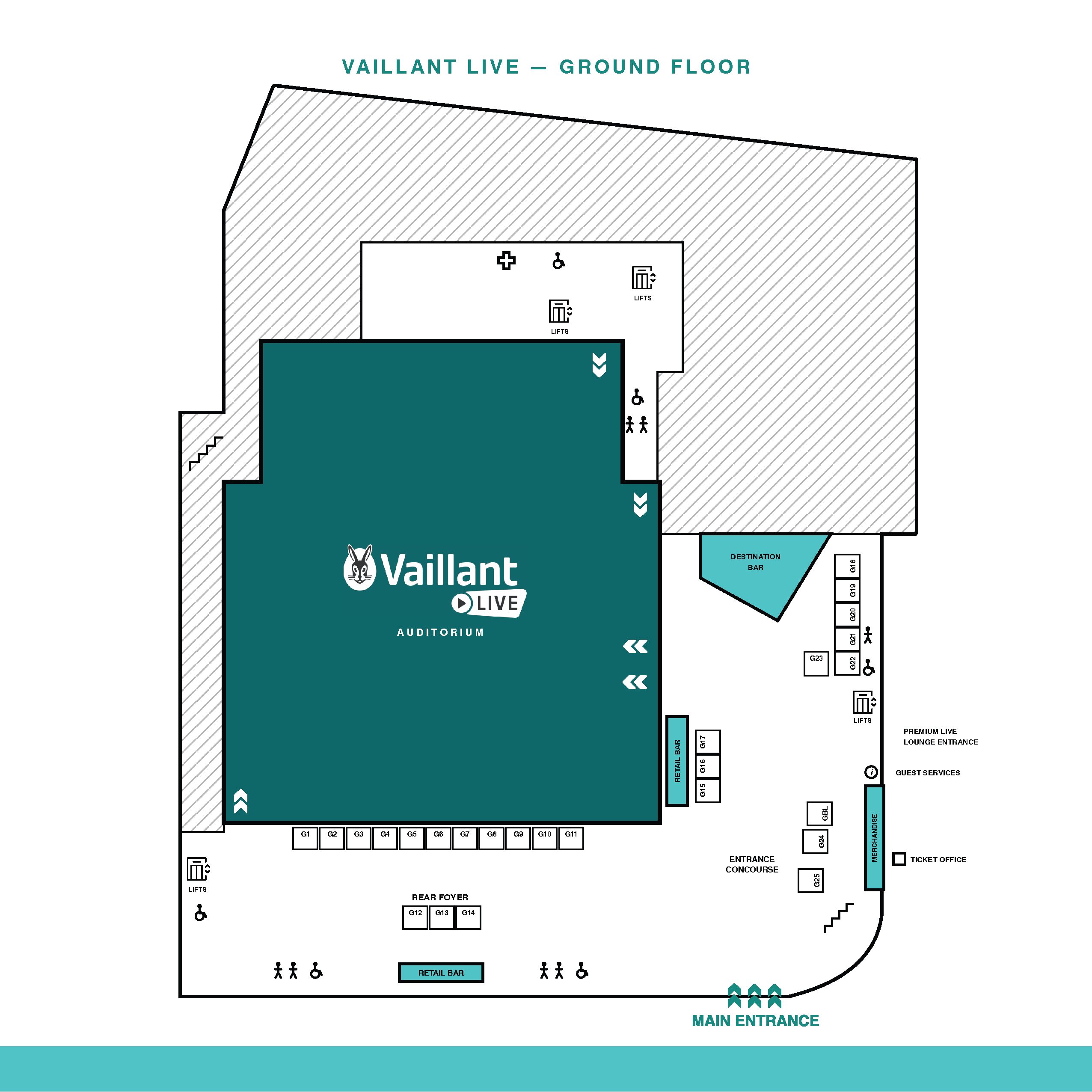 Ground-floor plan for Vaillant Live showing the auditorium, entrances and accessible facilities