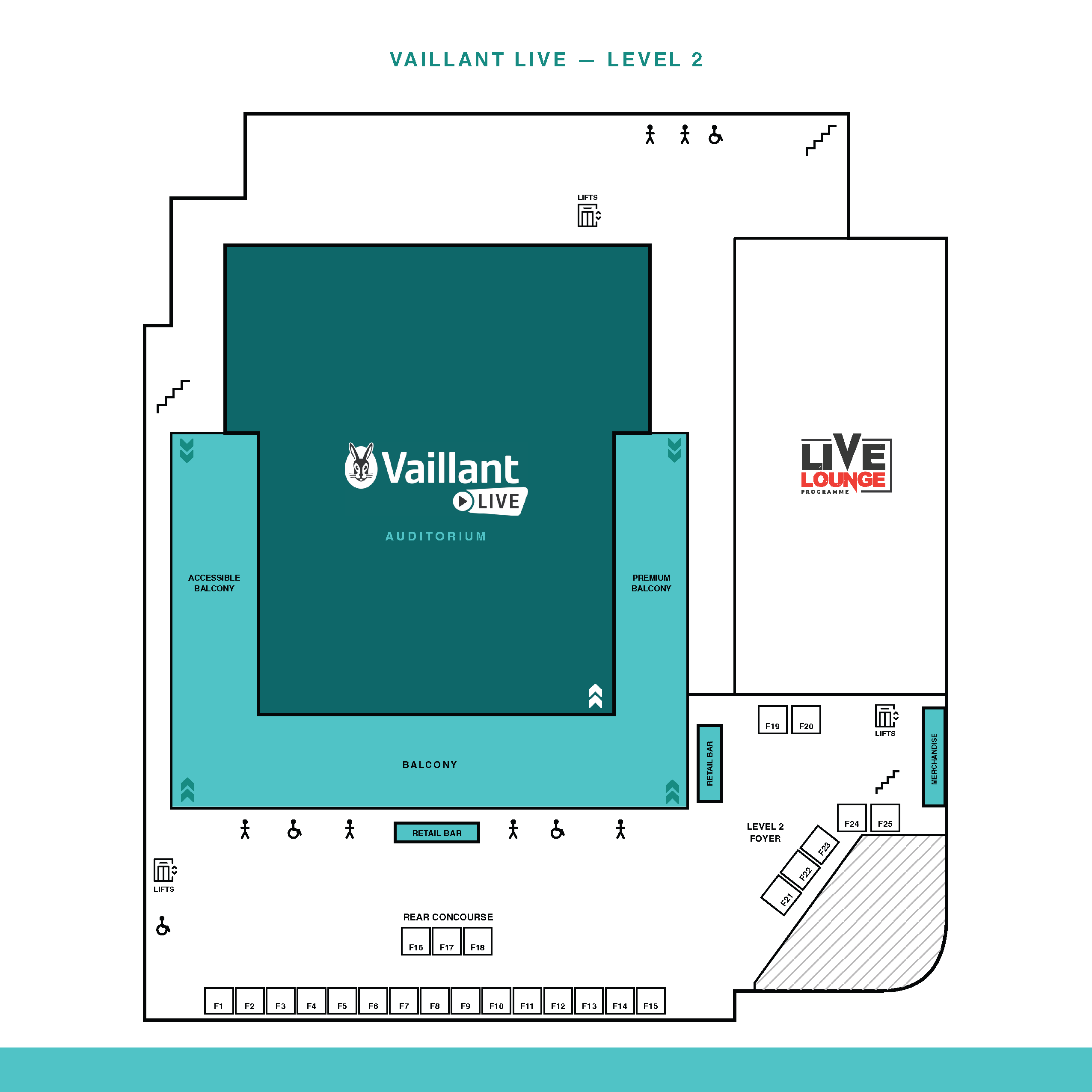 Level 2 plan for Vaillant Live showing the balcony and Live Lounge areas